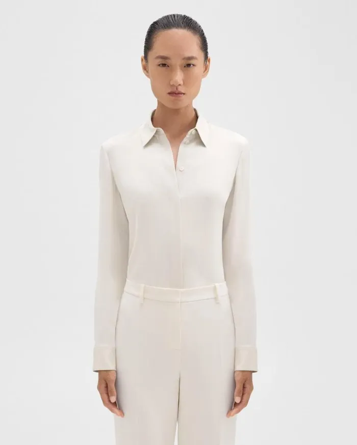 Theory Fitted Shirt In Silk Georgette Sand Women Tops