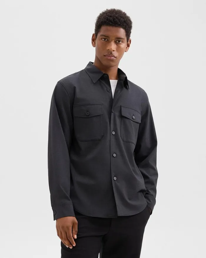 Theory Garvin Shirt Jacket In Stretch Wool Dark Charcoal Men Blazers Jackets