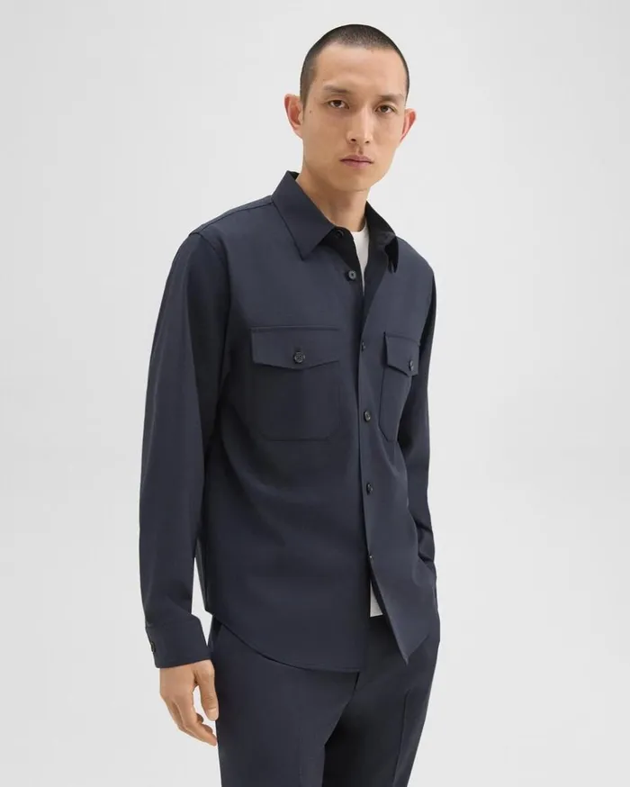 Theory Garvin Shirt Jacket In Stretch Wool Navy Men Blazers Jackets