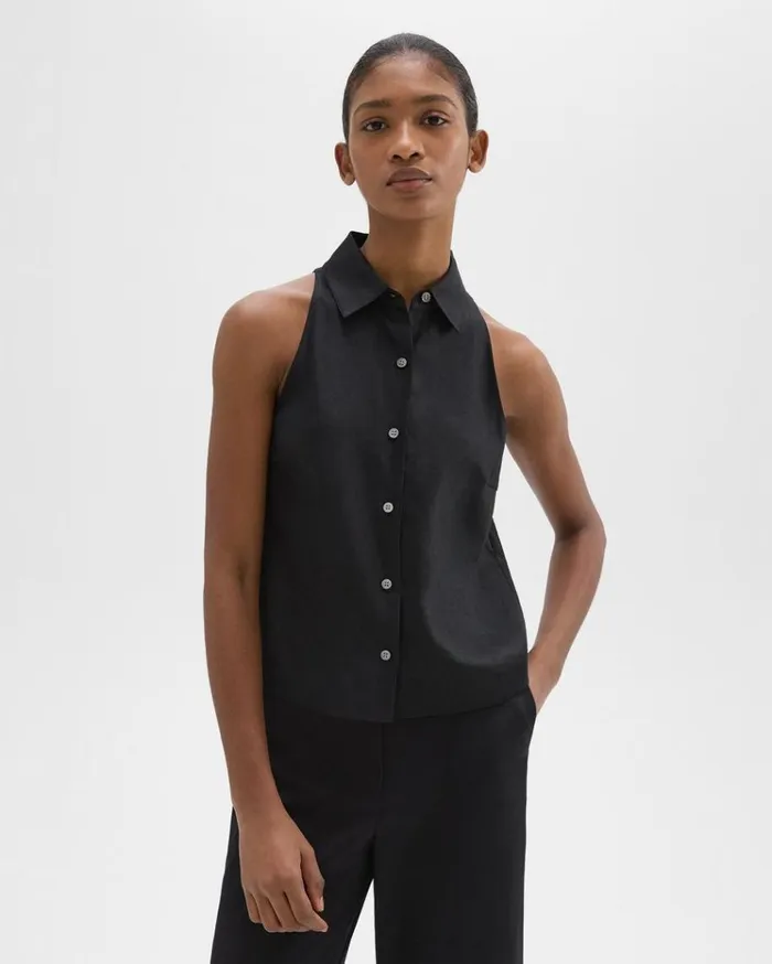 Theory Halter Neck Shirt In LinenViscose Black Women Tops