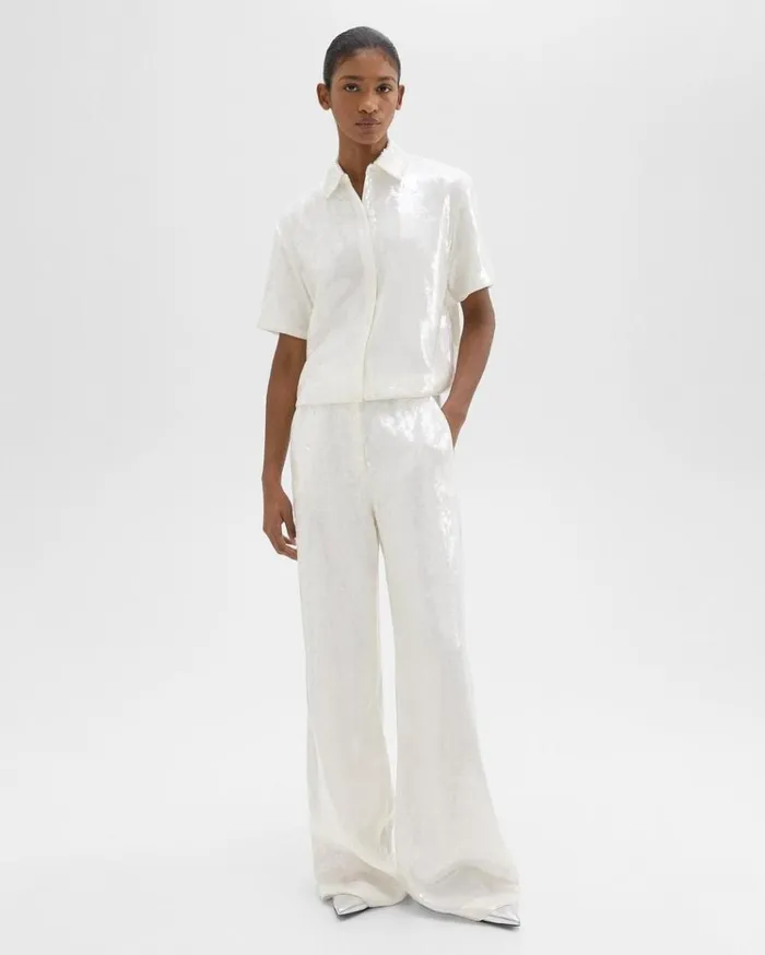 Theory HighWaist WideLeg Pant In Recycled Sequins White Women Pants