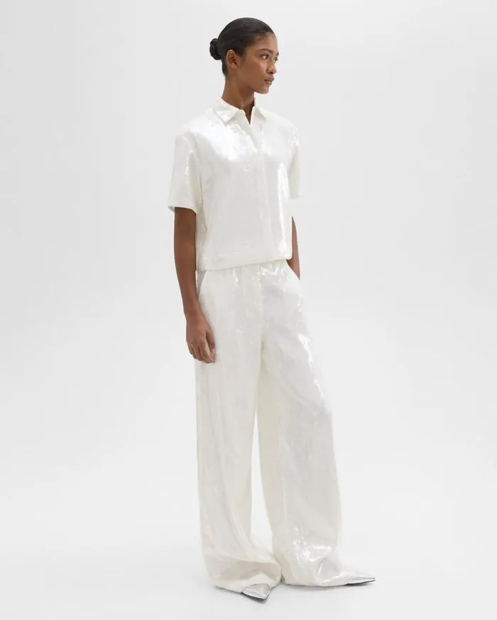 Theory HighWaist WideLeg Pant In Recycled Sequins White Women Pants Theory HighWaist WideLeg Pant In Recycled Sequins White Women Pants