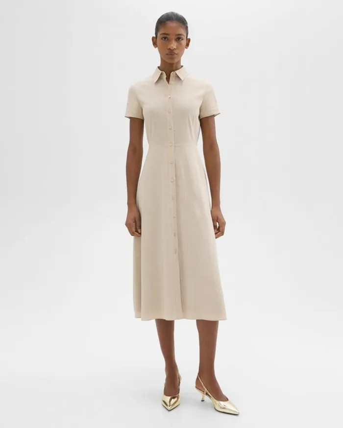 Theory Midi Shirt Dress In Good Linen Straw Women Dresses