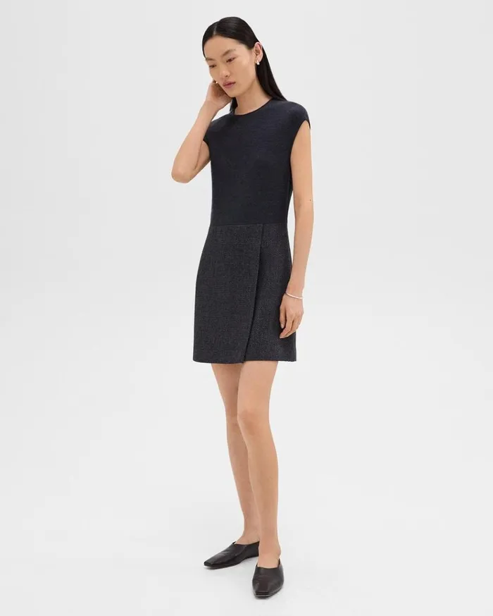 Theory Mini Wrap Dress In Tweed Charcoal Melange Women Dresses