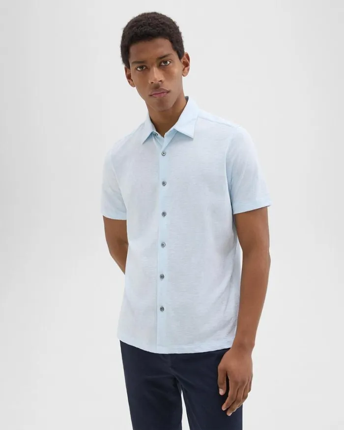 Theory Noran ShortSleeve Shirt In Slub Cotton Skylight Men Shirts