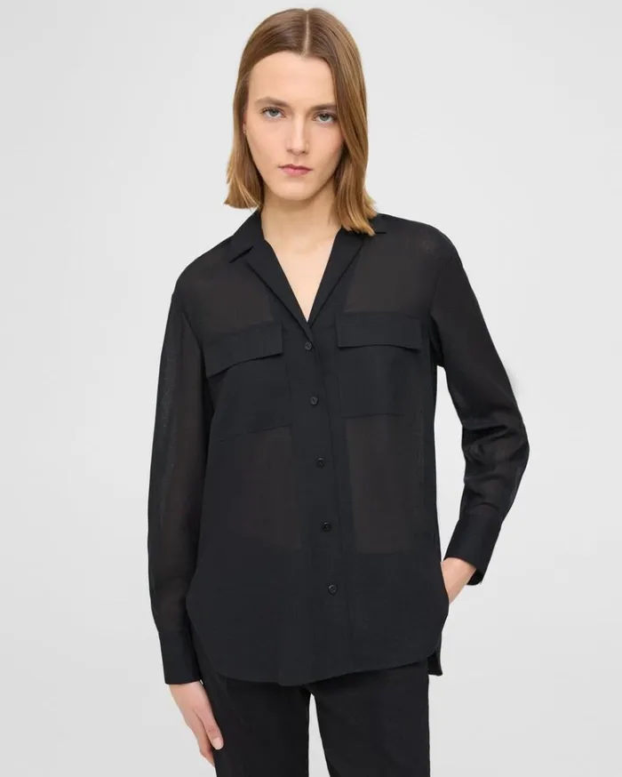 Theory Oversized Patch Pocket Shirt In WoolPoly Black Women Tops