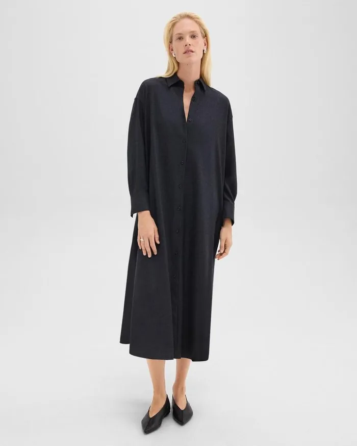 Theory Oversized Shirt Dress In Stretch Flannel Charcoal Melange Women Dresses
