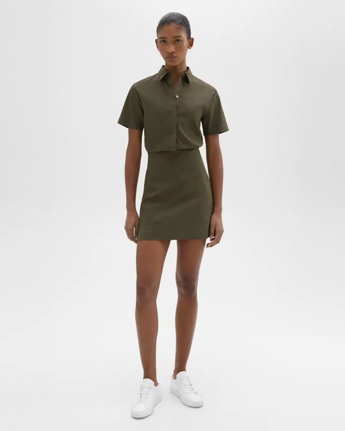 Theory ShortSleeve ALine Dress In Good Linen Dark Olive Women Dresses
