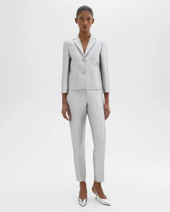 Theory Tapered Slim Pant In Metallic Silk Twill Ice Grey Women Pants