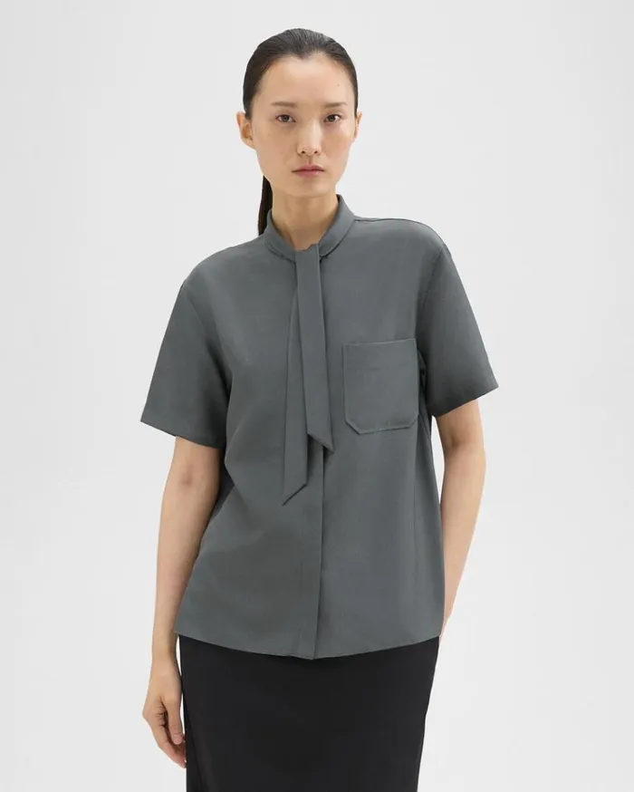 Theory Tie Neck Silk Shirt Spruce Women Tops