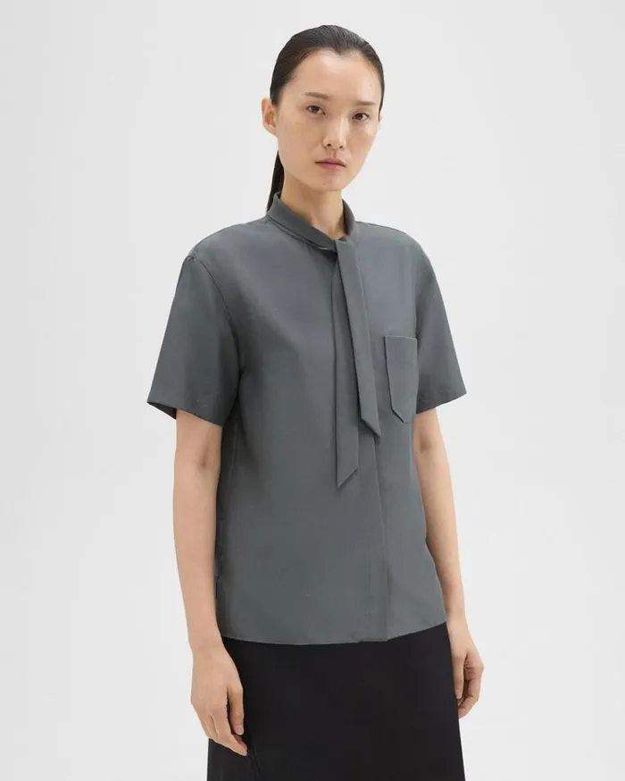 Theory Tie Neck Silk Shirt Spruce Women Tops