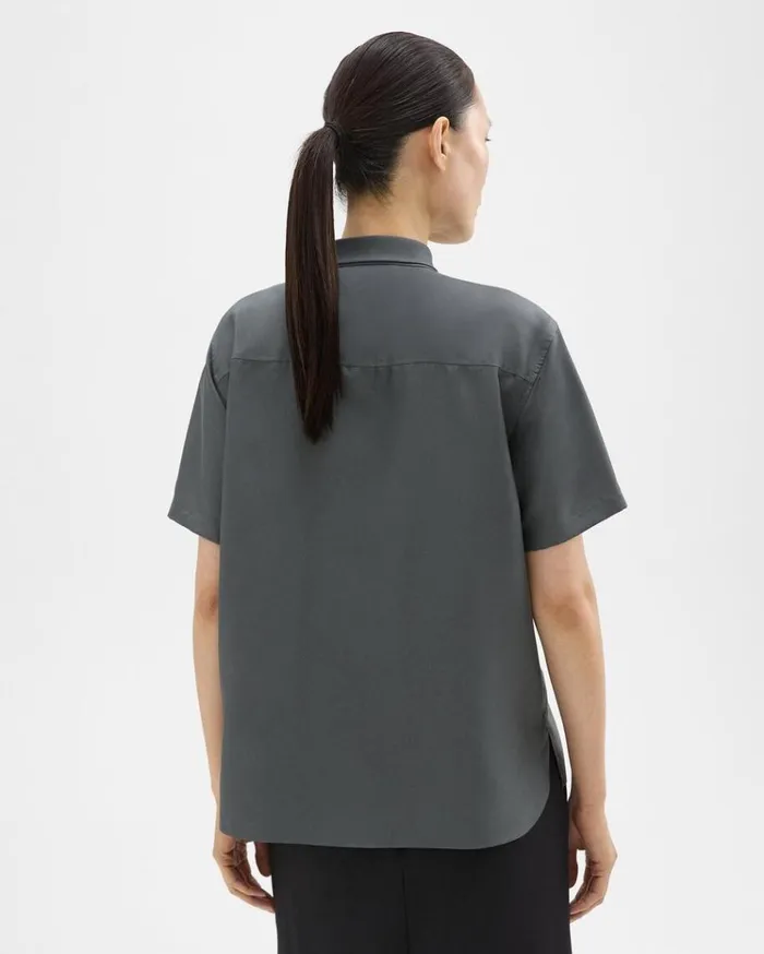 Theory Tie Neck Silk Shirt Spruce Women Tops