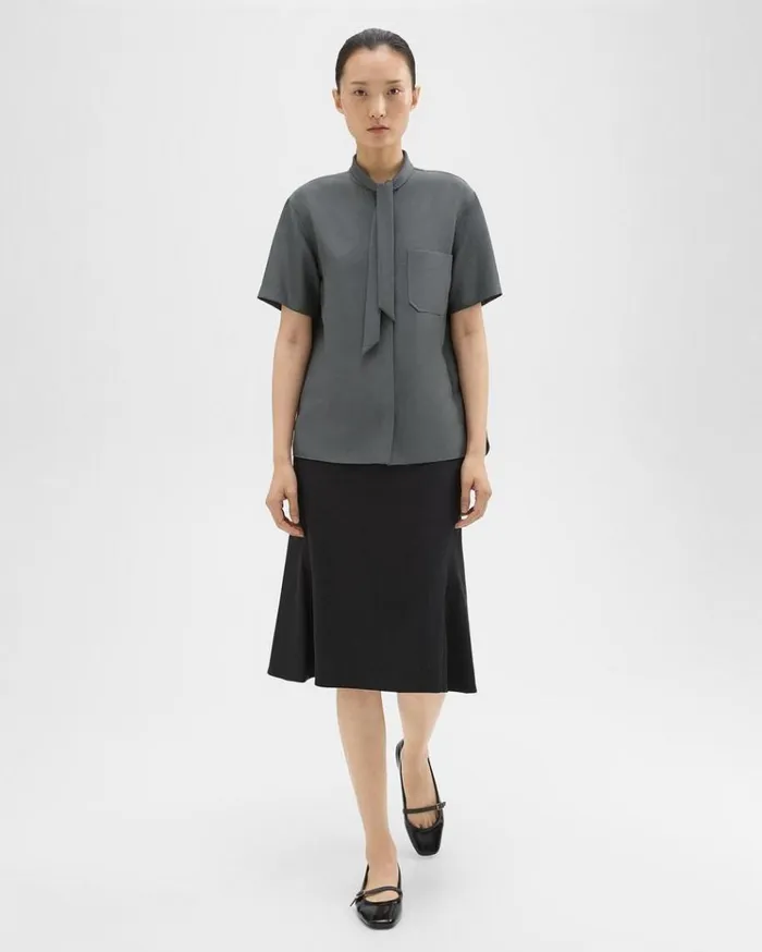 Theory Tie Neck Silk Shirt Spruce Women Tops