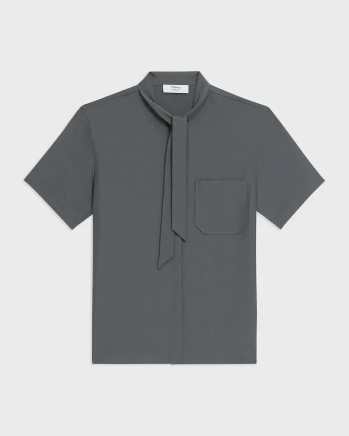 Theory Tie Neck Silk Shirt Spruce Women Tops