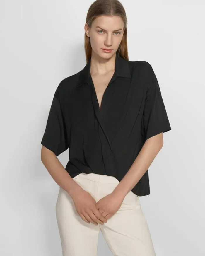 Theory Twist Blouse In Stretch Silk Black Women Tops