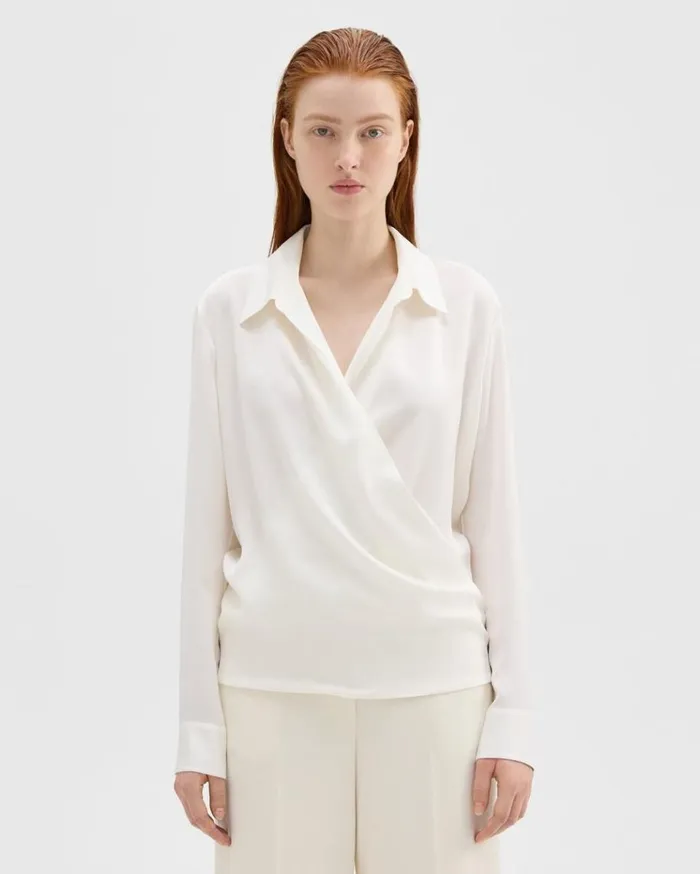 Theory Wrap Blouse In Silk Georgette Ivory Women Tops