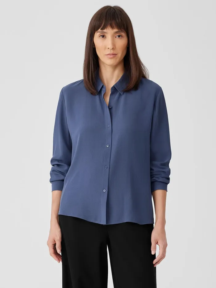 Tops and Tees Women Eileen Fisher Silk Georgette Crepe Classic Collar Shirt Twilight