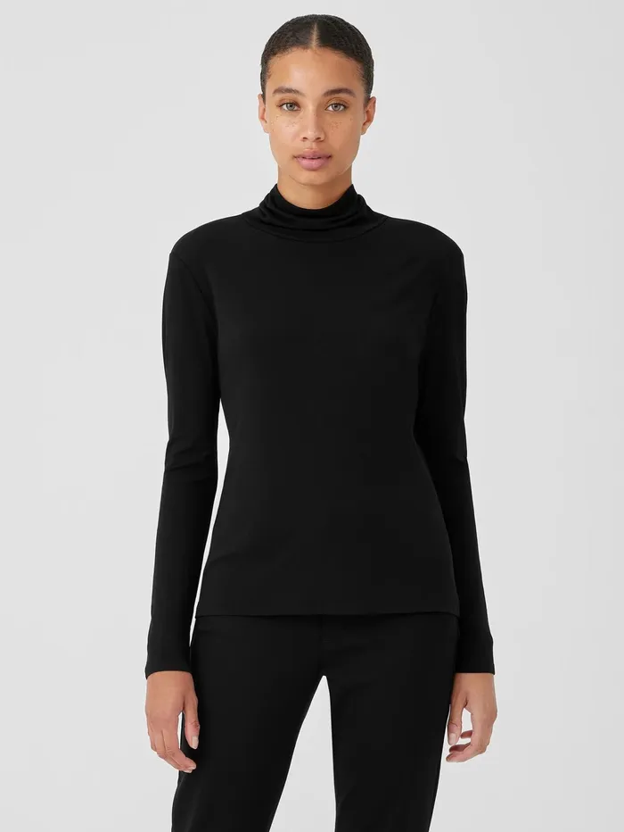 Tops and Tees Women Eileen Fisher Stretch Silk Jersey Scrunch Neck Top Black