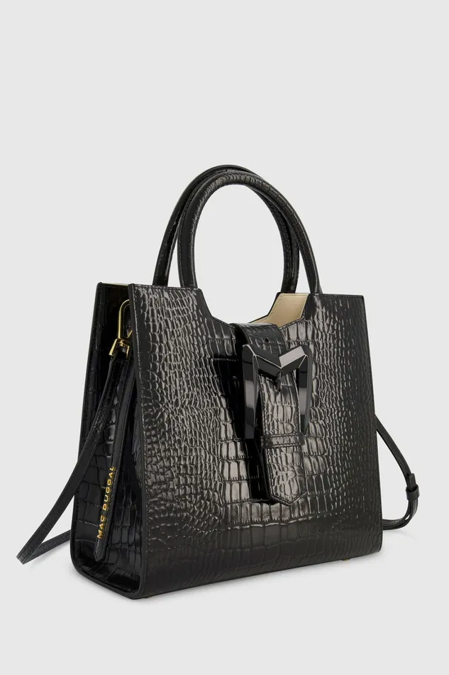 Totes Women Buckled Medium Croco Black Leather Tote Bag with Detachable Strap Black Mac Duggal