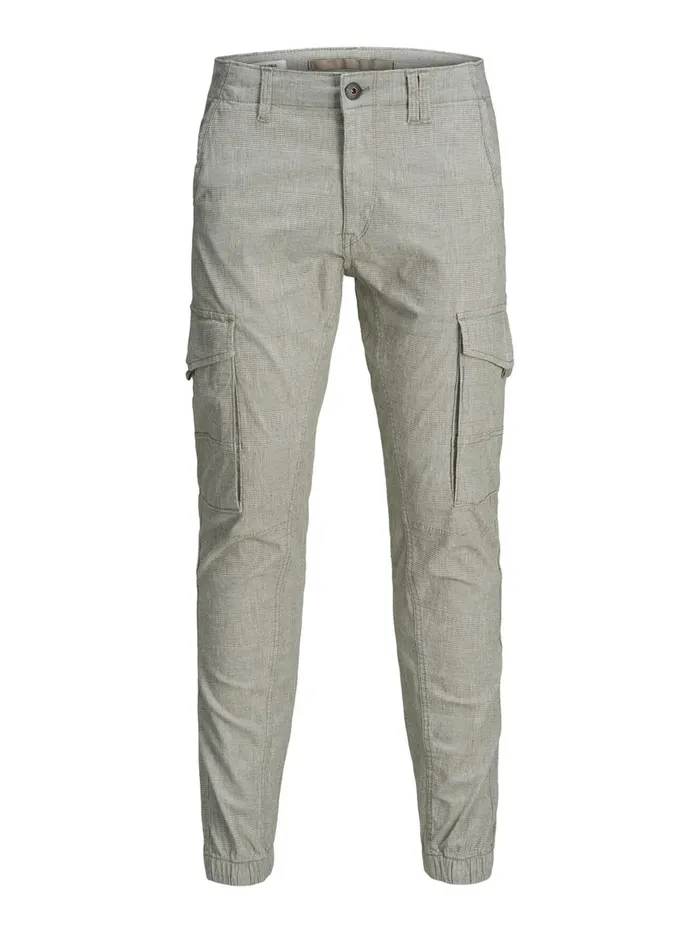 Trousers JACK and JONES Mens PAUL FLAKE AKM CHECKED CARGO TROUSERS Grey Light Gray