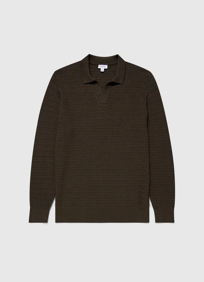 ussunspel Long Sleeve Textured CottonPolo Shirt Khaki Men Polo Shirts