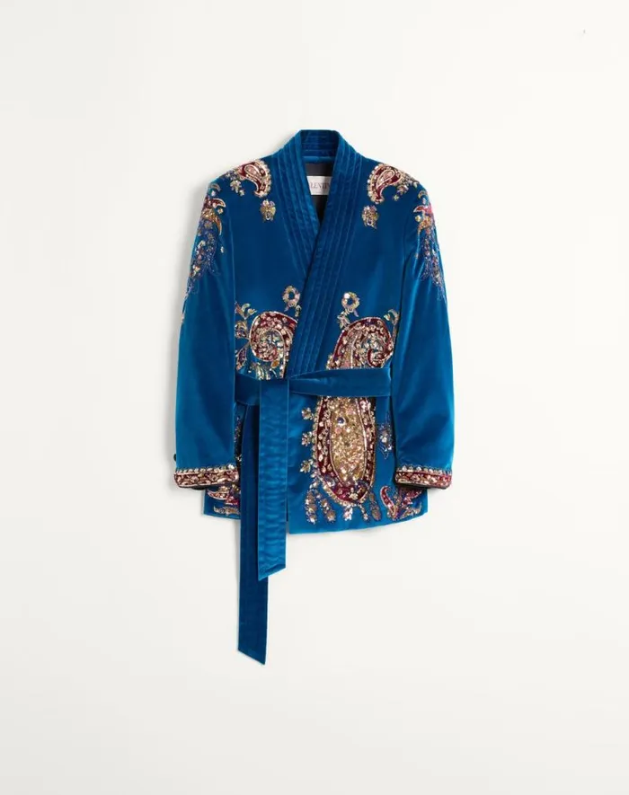 Valentino Coats And Blazers Man Belted Cotton Velvet Jacket With Sequin Embroidery For Man In Prussia Prussia Valentino Coats And Blazers Man Belted Cotton Velvet Jacket With Sequin Embroidery For Man In Prussia Prussia