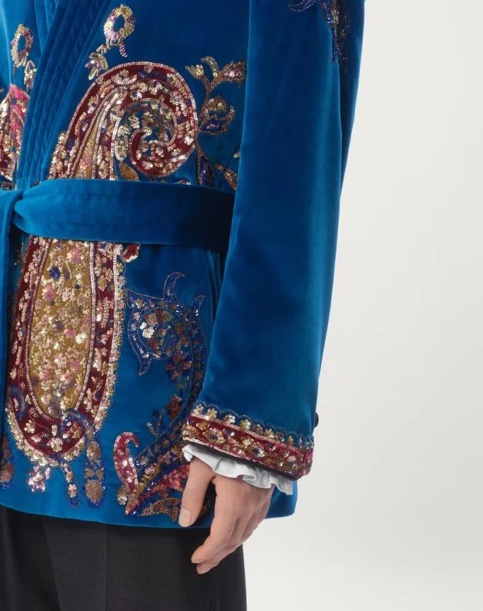 Valentino Coats And Blazers Man Belted Cotton Velvet Jacket With Sequin Embroidery For Man In Prussia Prussia Valentino Coats And Blazers Man Belted Cotton Velvet Jacket With Sequin Embroidery For Man In Prussia Prussia