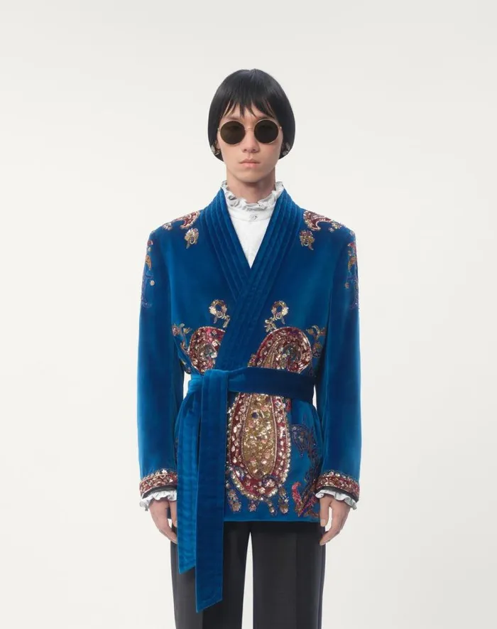 Valentino Coats And Blazers Man Belted Cotton Velvet Jacket With Sequin Embroidery For Man In Prussia Prussia Valentino Coats And Blazers Man Belted Cotton Velvet Jacket With Sequin Embroidery For Man In Prussia Prussia