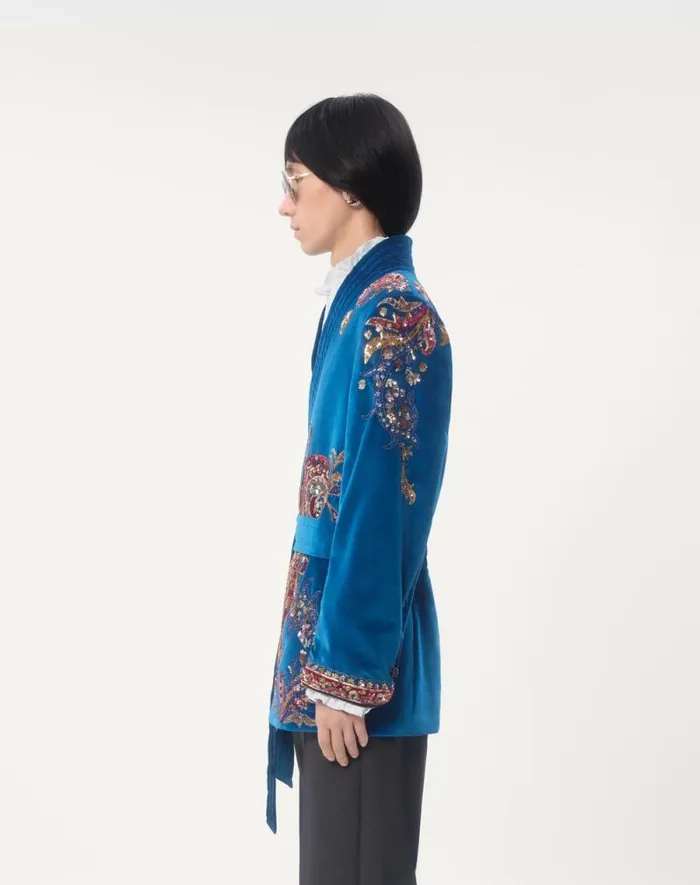Valentino Coats And Blazers Man Belted Cotton Velvet Jacket With Sequin Embroidery For Man In Prussia Prussia Valentino Coats And Blazers Man Belted Cotton Velvet Jacket With Sequin Embroidery For Man In Prussia Prussia