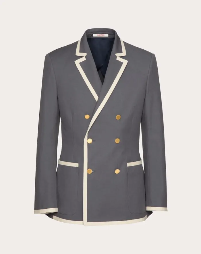 Valentino Coats And Blazers Man Doublebreasted Jacket In Stretch Cotton Canvas For Man In Light Grey Light Grey Valentino Coats And Blazers Man Doublebreasted Jacket In Stretch Cotton Canvas For Man In Light Grey Light Grey