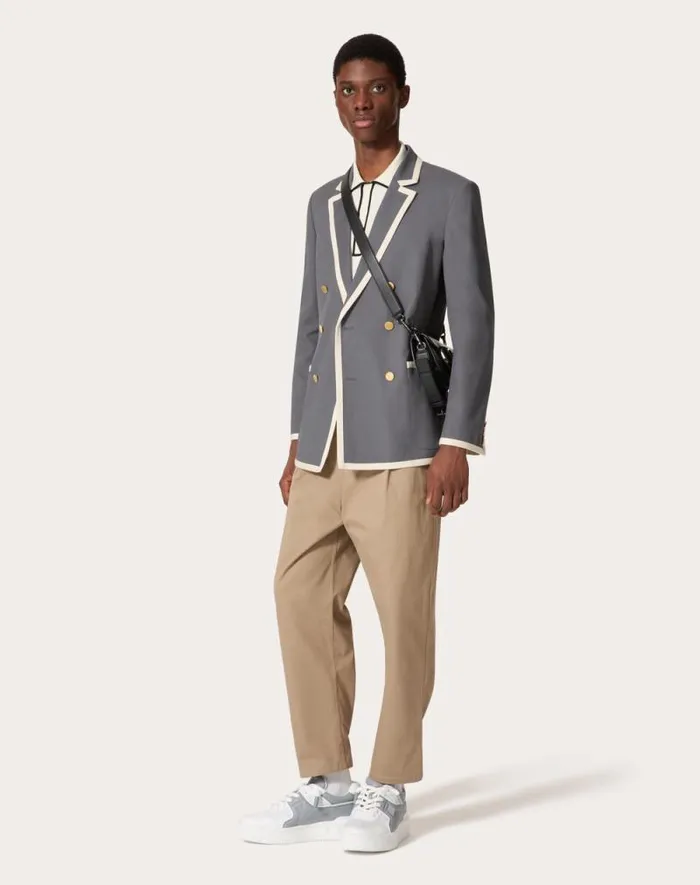 Valentino Coats And Blazers Man Doublebreasted Jacket In Stretch Cotton Canvas For Man In Light Grey Light Grey Valentino Coats And Blazers Man Doublebreasted Jacket In Stretch Cotton Canvas For Man In Light Grey Light Grey