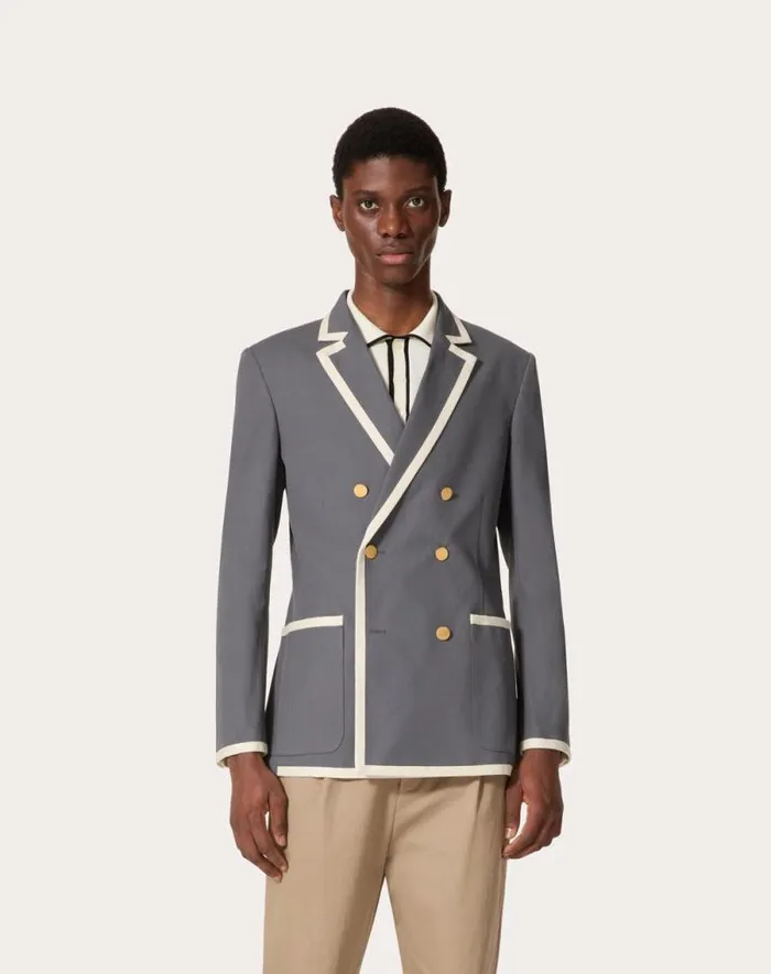 Valentino Coats And Blazers Man Doublebreasted Jacket In Stretch Cotton Canvas For Man In Light Grey Light Grey Valentino Coats And Blazers Man Doublebreasted Jacket In Stretch Cotton Canvas For Man In Light Grey Light Grey