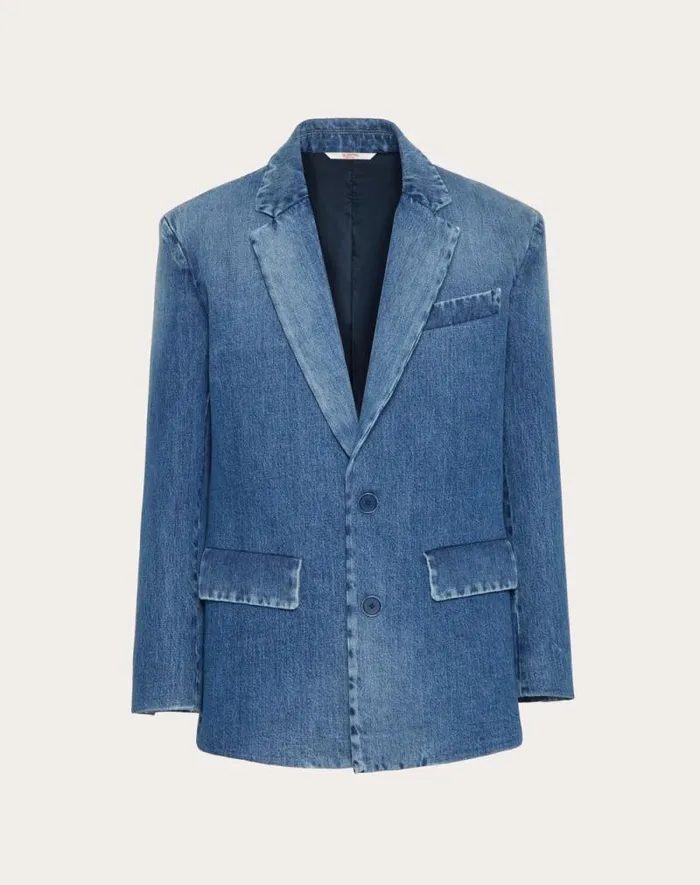 Valentino Denim Man Singlebreasted Denim Jacket Laminated With Neoprene Scuba For Man In Denim Denim