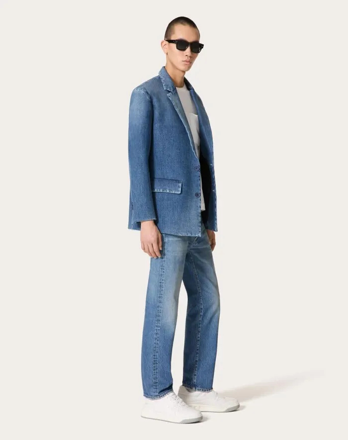 Valentino Denim Man Singlebreasted Denim Jacket Laminated With Neoprene Scuba For Man In Denim Denim