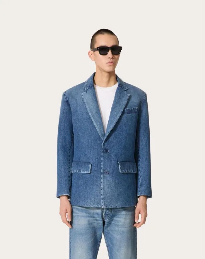 Valentino Denim Man Singlebreasted Denim Jacket Laminated With Neoprene Scuba For Man In Denim Denim