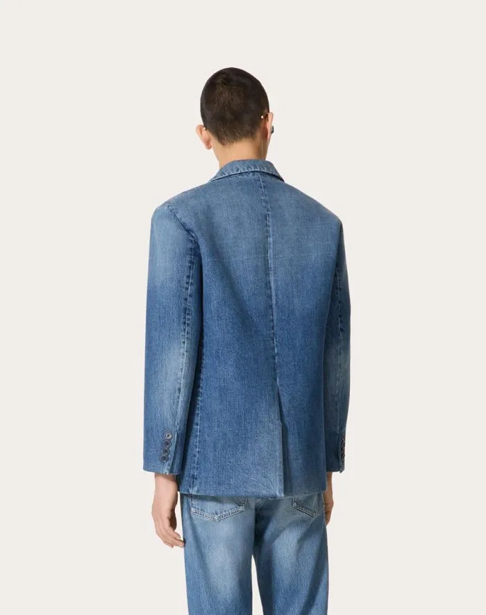 Valentino Denim Man Singlebreasted Denim Jacket Laminated With Neoprene Scuba For Man In Denim Denim