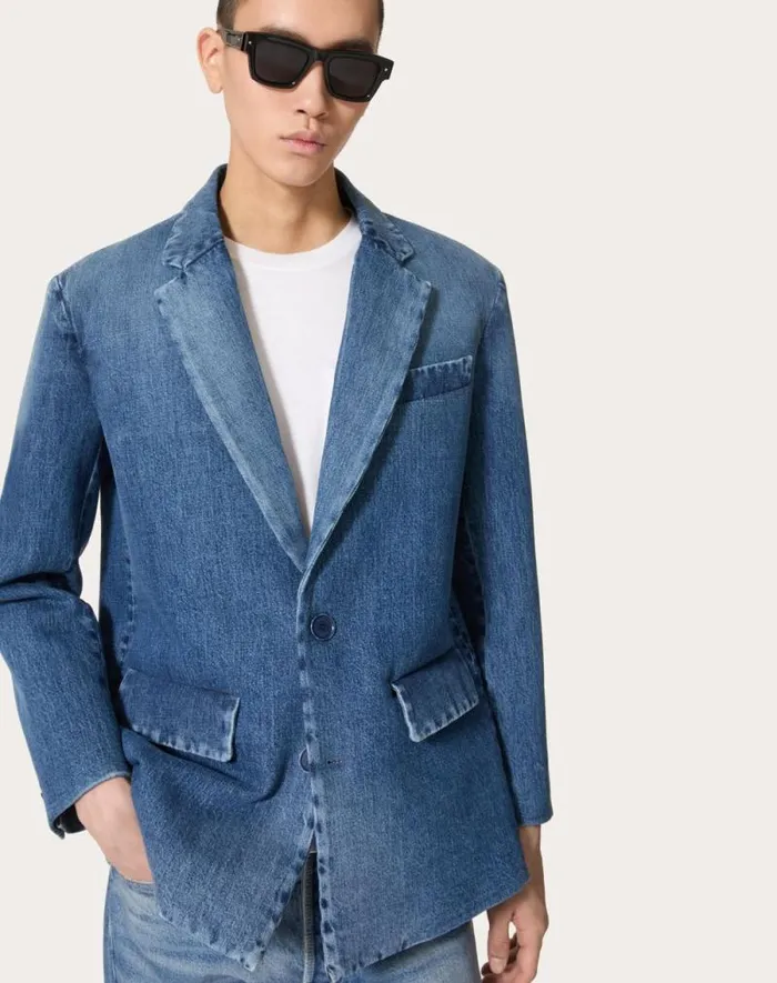 Valentino Denim Man Singlebreasted Denim Jacket Laminated With Neoprene Scuba For Man In Denim Denim