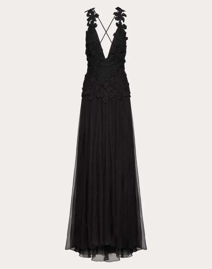 Valentino Gowns Woman Embroidered Crepe Couture Long Dress For Woman In Black Black Valentino Gowns Woman Embroidered Crepe Couture Long Dress For Woman In Black Black