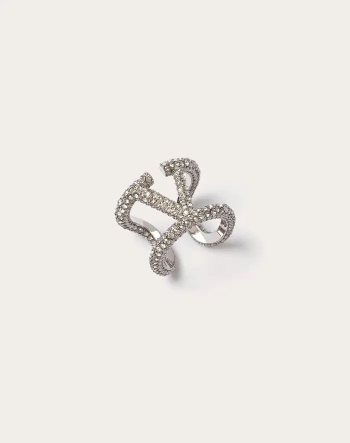 Valentino Jewelry Woman Vlogo Signature Ring In Metal And Swarovski Crystals For Woman In Palladium Palladium Valentino Jewelry Woman Vlogo Signature Ring In Metal And Swarovski Crystals For Woman In Palladium Palladium