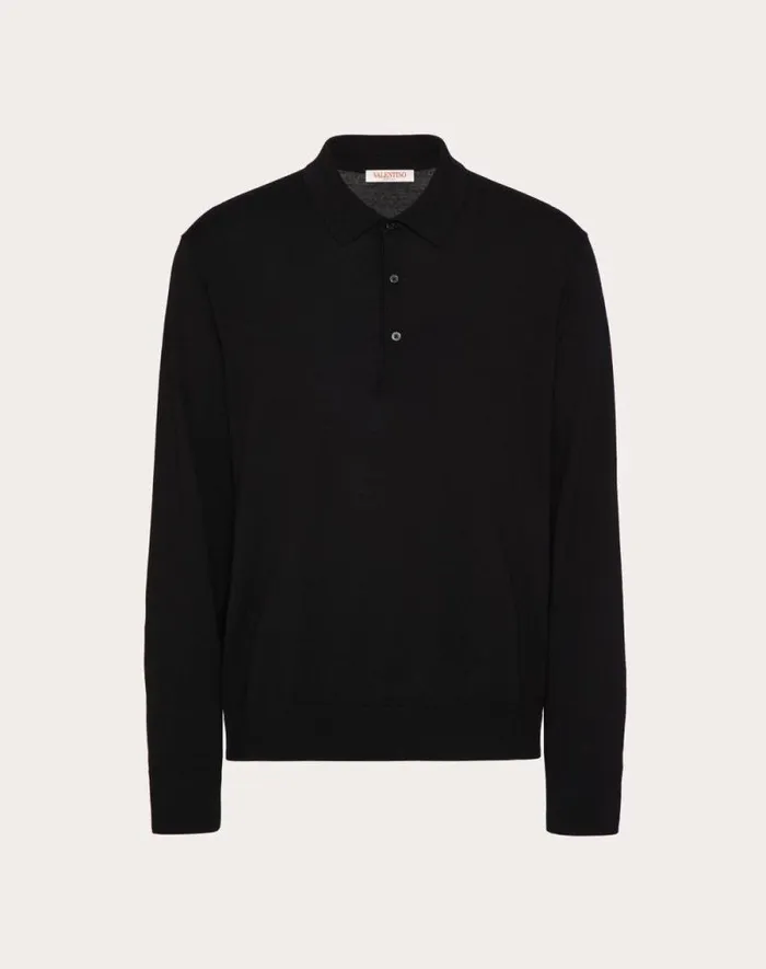 Valentino Knitwear Man Longsleeve Wool Polo Shirt With Vlogo Signature Embroidery For Man In Black Black Valentino Knitwear Man Longsleeve Wool Polo Shirt With Vlogo Signature Embroidery For Man In Black Black