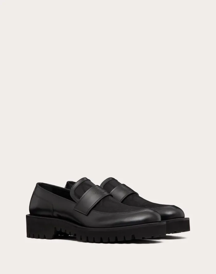 Valentino Laceups And Loafers Man Loafer In Toile Iconographe Technical Fabric And Calfskin For Man In Black Black Valentino Laceups And Loafers Man Loafer In Toile Iconographe Technical Fabric And Calfskin For Man In Black Black