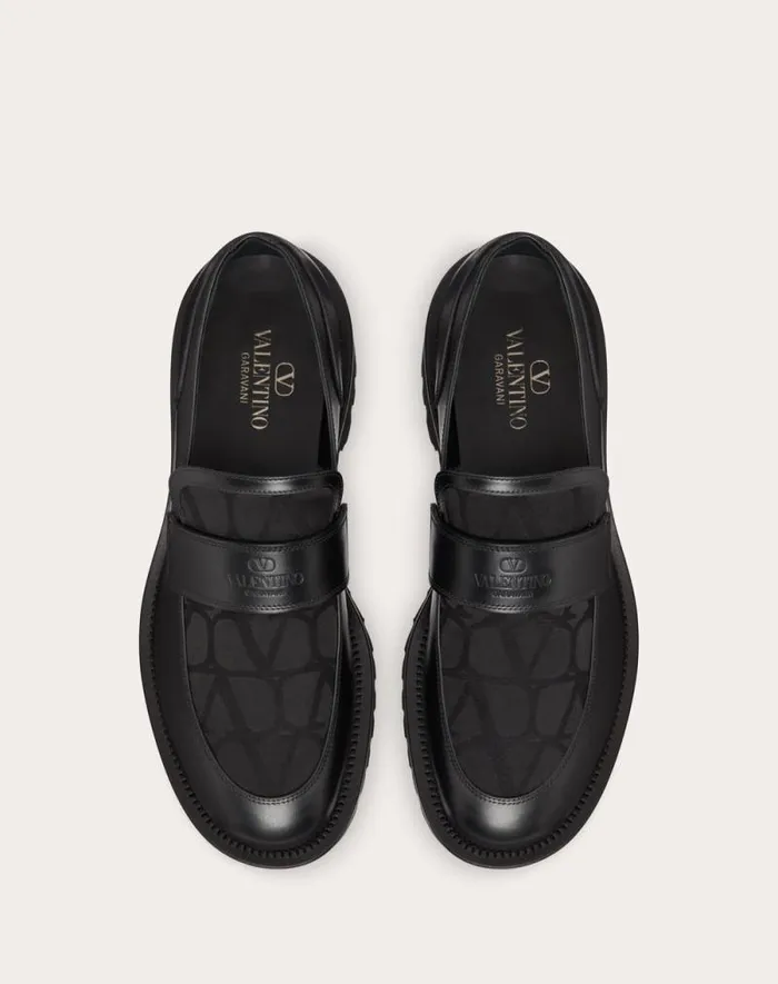 Valentino Laceups And Loafers Man Loafer In Toile Iconographe Technical Fabric And Calfskin For Man In Black Black Valentino Laceups And Loafers Man Loafer In Toile Iconographe Technical Fabric And Calfskin For Man In Black Black