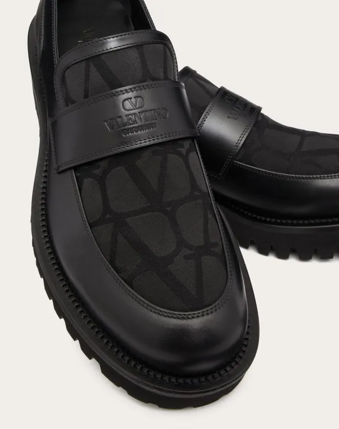 Valentino Laceups And Loafers Man Loafer In Toile Iconographe Technical Fabric And Calfskin For Man In Black Black Valentino Laceups And Loafers Man Loafer In Toile Iconographe Technical Fabric And Calfskin For Man In Black Black