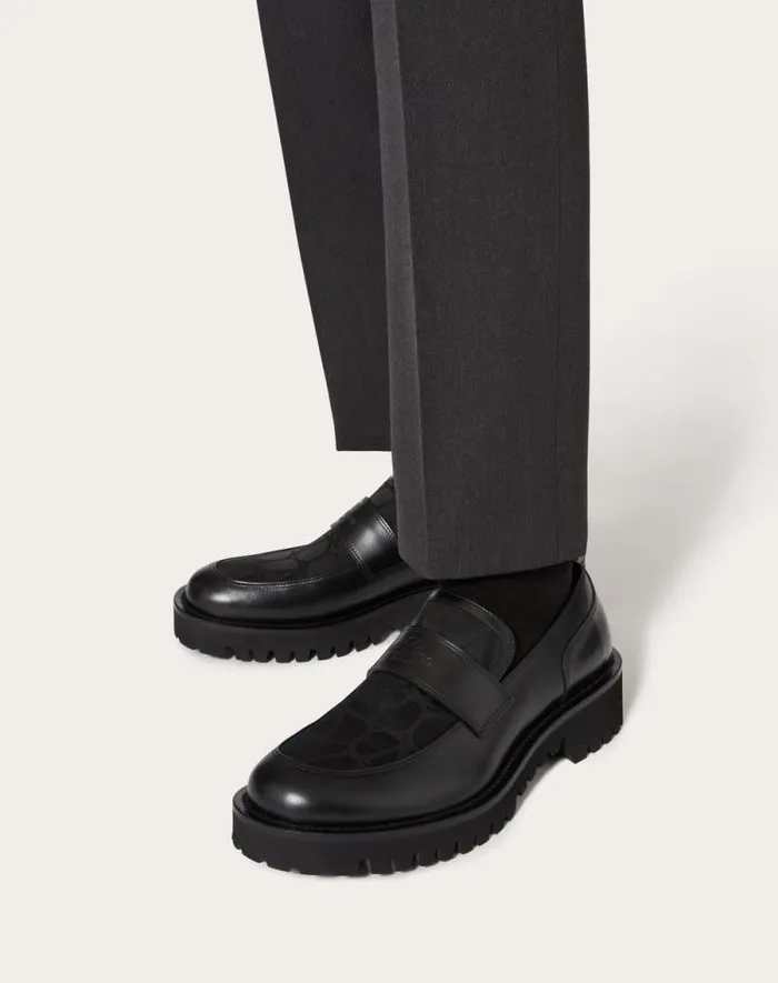 Valentino Laceups And Loafers Man Loafer In Toile Iconographe Technical Fabric And Calfskin For Man In Black Black Valentino Laceups And Loafers Man Loafer In Toile Iconographe Technical Fabric And Calfskin For Man In Black Black