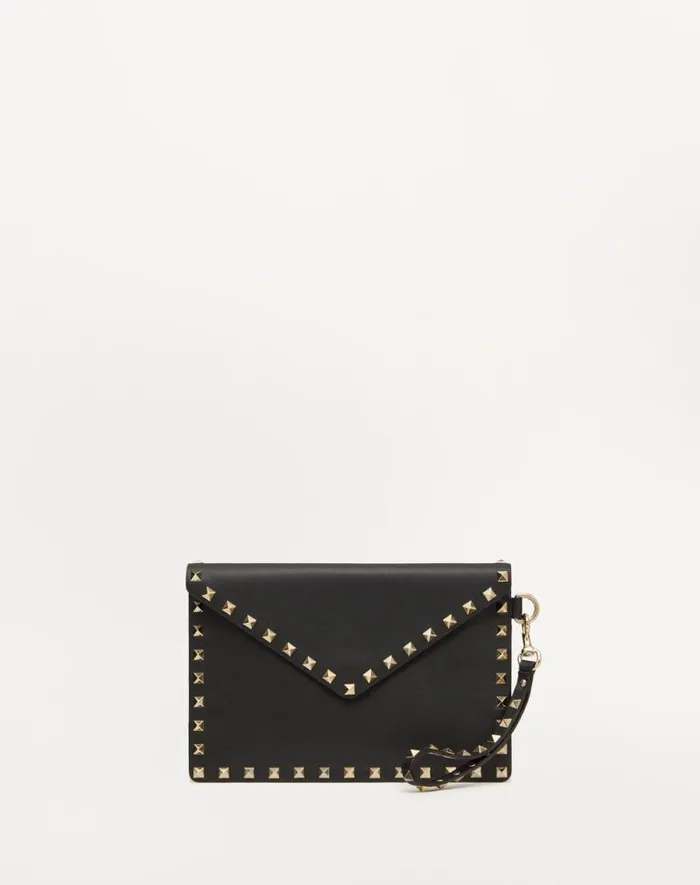 Valentino Mini Bags Woman Rockstud Calfskin Pouch For Woman In Poudre Poudre