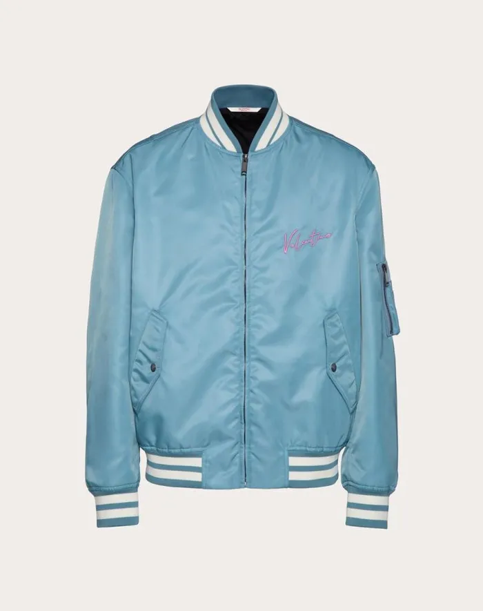 Valentino Outerwear Man Nylon Bomber Jacket With Valentino Embroidery And Vlogo Signature Print For Man In Stone Stone Valentino Outerwear Man Nylon Bomber Jacket With Valentino Embroidery And Vlogo Signature Print For Man In Stone Stone