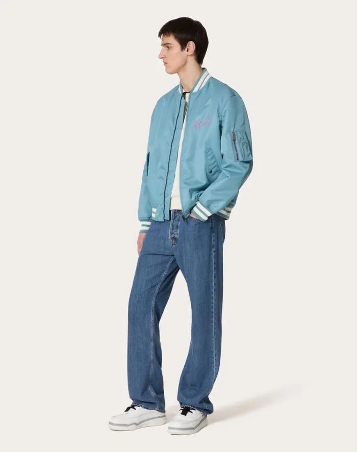Valentino Outerwear Man Nylon Bomber Jacket With Valentino Embroidery And Vlogo Signature Print For Man In Stone Stone Valentino Outerwear Man Nylon Bomber Jacket With Valentino Embroidery And Vlogo Signature Print For Man In Stone Stone