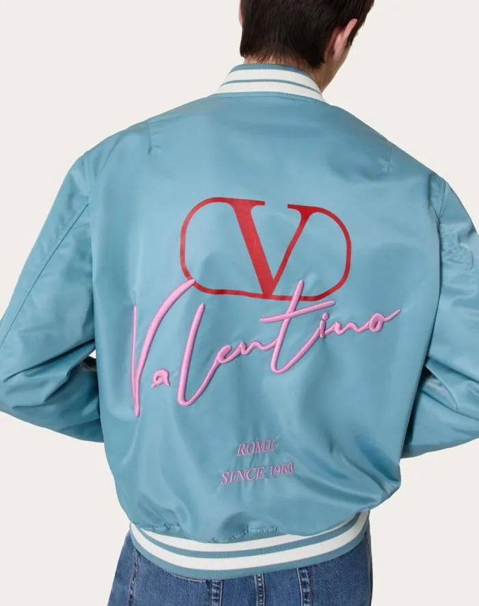 Valentino Outerwear Man Nylon Bomber Jacket With Valentino Embroidery And Vlogo Signature Print For Man In Stone Stone Valentino Outerwear Man Nylon Bomber Jacket With Valentino Embroidery And Vlogo Signature Print For Man In Stone Stone