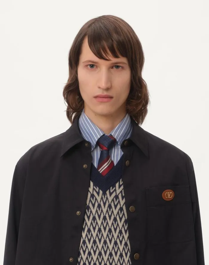 Valentino Outerwear Man Nylon Shirt Jacket With Rubberized V Detail For Man In Stone Stone Valentino Outerwear Man Nylon Shirt Jacket With Rubberized V Detail For Man In Stone Stone