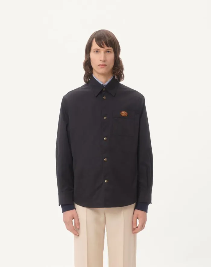 Valentino Outerwear Man Nylon Shirt Jacket With Rubberized V Detail For Man In Stone Stone Valentino Outerwear Man Nylon Shirt Jacket With Rubberized V Detail For Man In Stone Stone